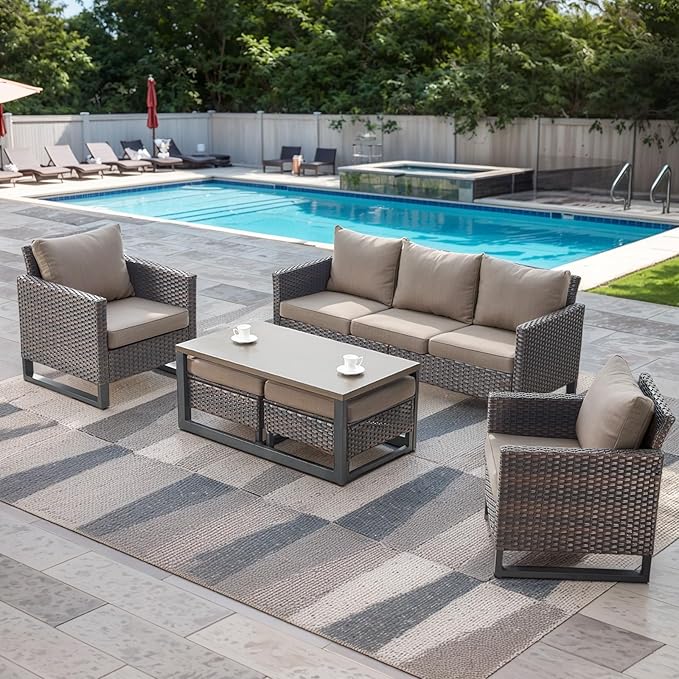 Rilyson Wicker Outdoor Patio Furniture Set - 6 Piece Patio Conversation Set with 2 Armrest Chairs,2 Rattan Ottoman,1 Couch and 1 Metal Side Table for Outside Porch Deck Backyard(Brown/Grey)