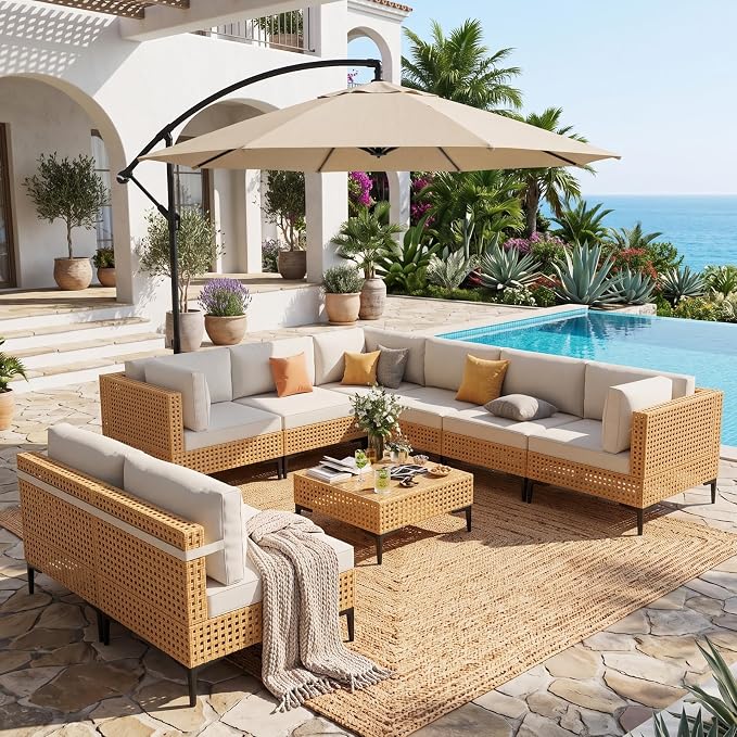 ABCASA 9-Piece Patio Sectional Furniture Set, 110" Wicker Outdoor Patio Furniture Sets with Anti-Slip Cushions & Coffee Table,Boho Patio Conversation Set Sectional for Backyard,Porch,Deck,Beige