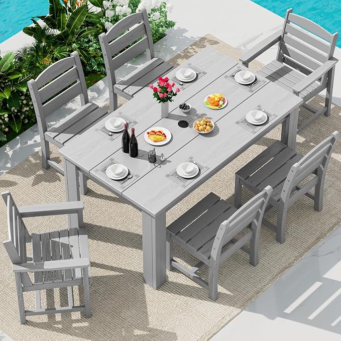 SERWALL 59" Outdoor Dining Set for 6, Light Gray | Include 1 Rectangular Dining Table and 6 Armless Chairs, All Weather Dining Sets for Garden, Backyard