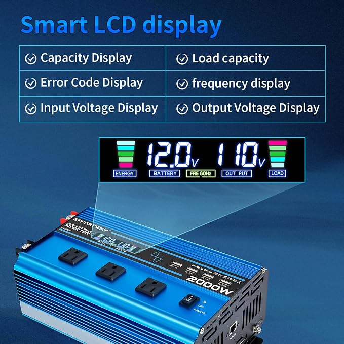 2000W Pure sine Wave Inverter 4000W (Peak) DC 12V to AC 110V/120V Converter with LCD Display Wireless/Wired Remote Control 3AC Outlets and 4USB for Camping RV Travel Off-Grid Solar Systems