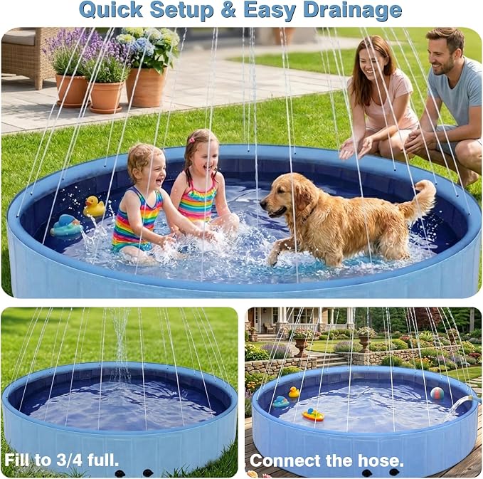 Eooqi Foldable Dog Pool with Sprinkler, 63 Inch Extra Large Thickened Splash Pool, 2-in-1 Outdoor Summer Water Play Toy, Non-Slip Hard-Side Kiddie Pool for Backyard Dogs, Kids & Pets (Blue, 63''-2XL)