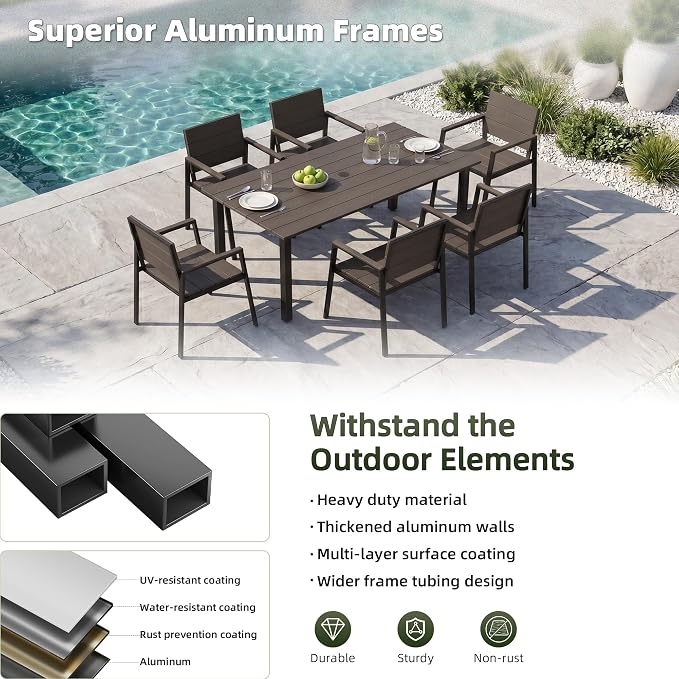 Outdoor Table and Chairs for 6 Aluminum Patio Dining Set with Umbrella Hole | All Weather,HDPS Material,Oversized,7 Piece,for Backyard,Rot-Fade-Crack Proof,Maintenance-Free,Sturdy,Heavy-Duty,Yellow