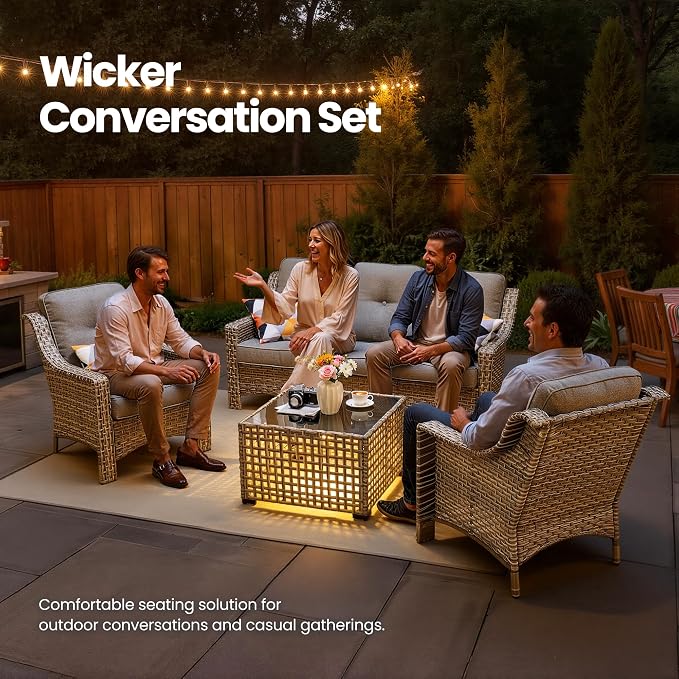4 PCS Patio Conversation Set, All-Weather High Back Wicker Outdoor Patio Furniture Sets with Two Single Chairs, Solar Light Coffee Table,Outside Furniture for Porch Backyard Balcony,Dark Grey