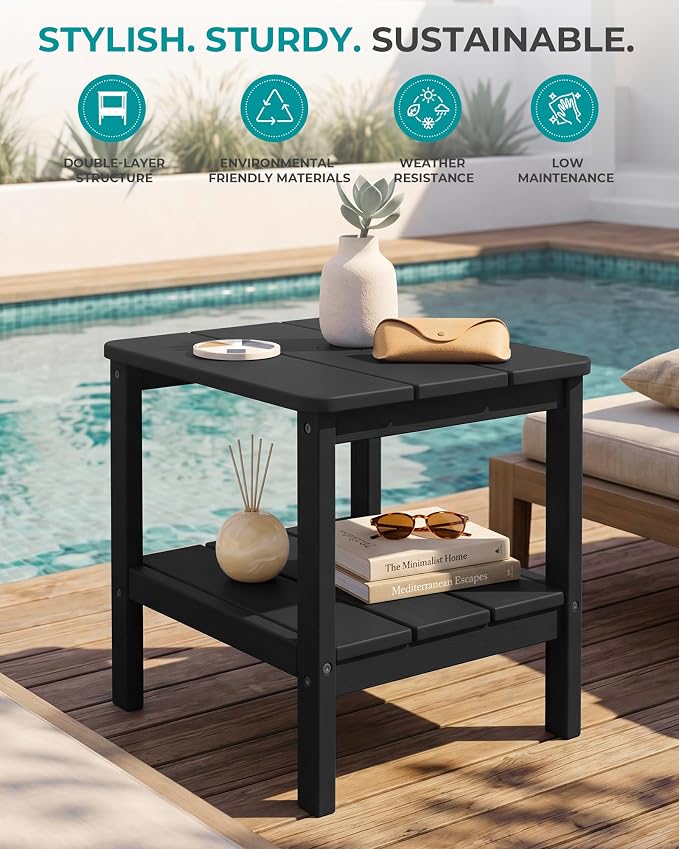 SERWALL Double Layer Adirondack Side Table with Umbrella Hole, HIPS Outdoor Side Table Rectangular End Tables for Patio, Poolside, Garden, Black