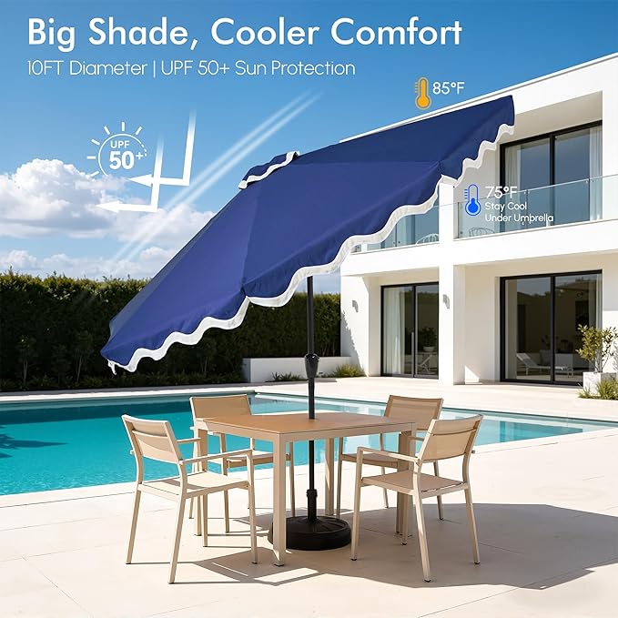 Weaxty 10FT Patio Umbrella, Trendy Color Scalloped Edge, UV-Resistant Canopy Outdoor Table Market Umbrella, Tilt Adjustment, Crank, Heavy-duty 8 Ribs for Backyard Poolside Deck Beach Lawn Backyard