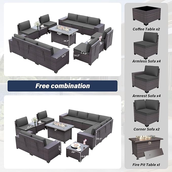Patio Furniture Sectional Sofa Set 13PCS PE Rattan Patio Conversation Set w/43in Gas Fire Pit Table, Outdoor Furniture with 55000 BTU Propane Fire Pit, Grey