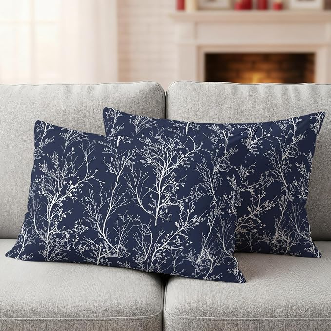 Navy Blue Branches Waterproof Outdoor Pillow Covers Set of 2 Home Decor, Abstract Art Leaves Plant Lumbar Pillowcase Patio Pillow Covers for Couch Bench Patio Furniture Garden 20x12in