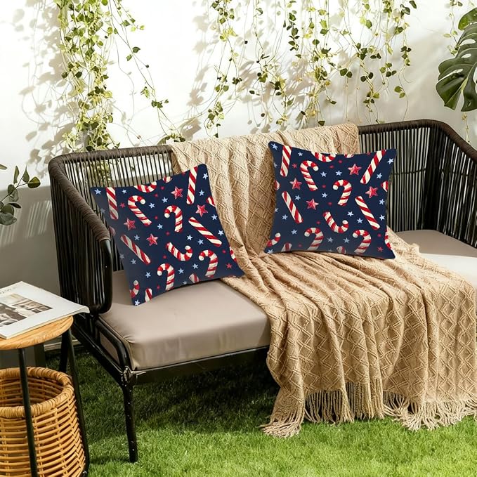 18x18 Inch Outdoor Pillow Covers Set of 2 Waterproof Throw Pillow Covers Decorative Couch Cushion Covers Christmas Candy Star Square Pillowcases Protectors for Patio Garden Sofa