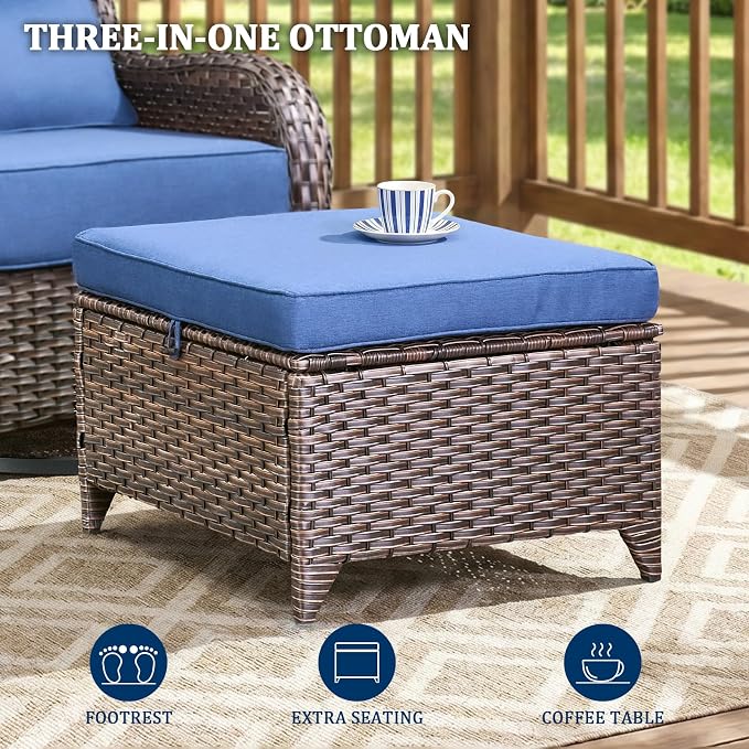 Luxury Swivel Rocker Chairs Set with 6" Thick Cushion 5 piece Wicker Outdoor Swivel Rocker Patio Chair with Ottoman High Back Comfortable Outdoor Patio Furniture Set - Brown | Blue