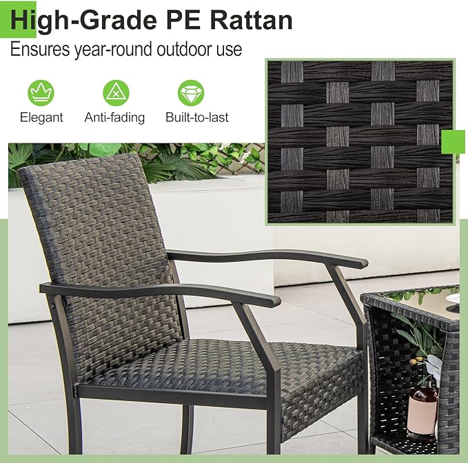 Tangkula 3 Pieces Patio Wicker Chair Set, Waterproof All Weather Resistant Heavy Duty Outdoor Conversation Set with Quick Dry Foam Seating, for Poolside, Backyard, Garden (Mix Brown)