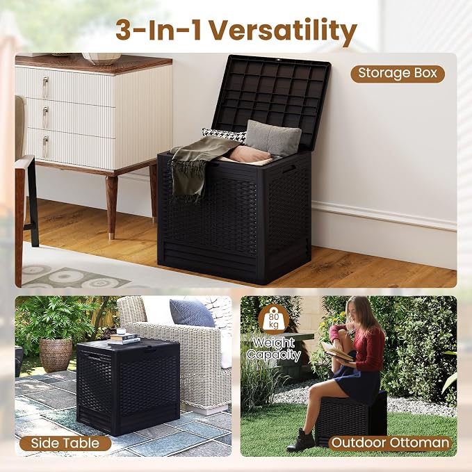 Tangkula 25 Gallon Outdoor Storage Box, Waterproof PP Resin Patio Storage Box with with Lockable Lid for Indoor & Outdoor Use, 2-in-1 Rattan Design Deck Box for Patio Cushions, Garden Tools