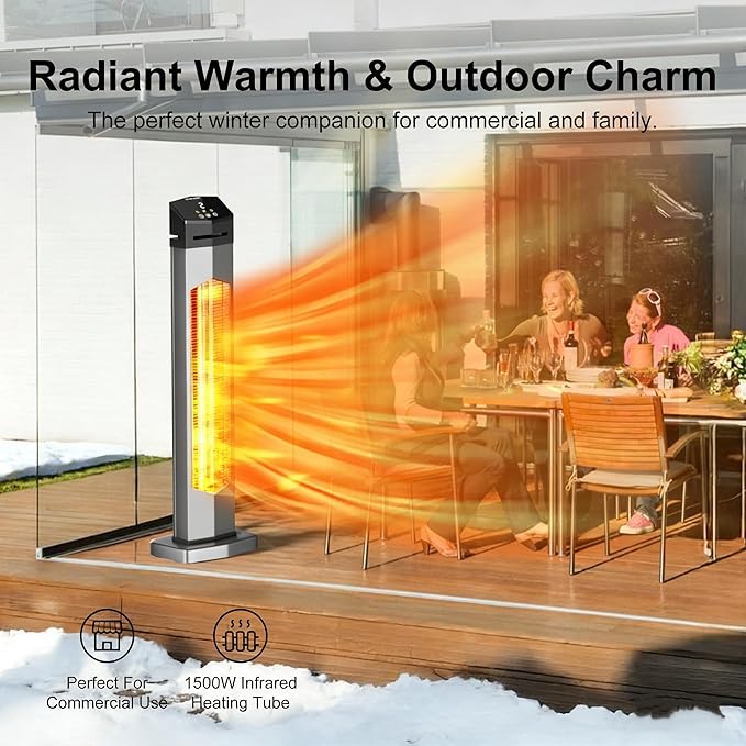 Landeagle Outdoor Heaters for Patio,1500W Electric Infrared Radiant Heater with Remote,37” Portable Tower Space Heater with 12H Timer,Tip-over Protection for Garage,Porch,Indoor,Silver