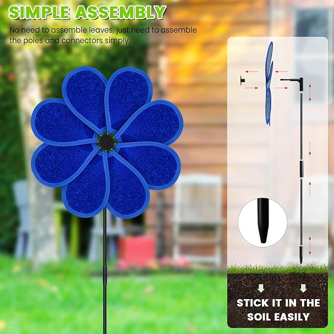 4PCS 11.4" W x 28" H Reflective Pinwheels Sparkly Lawn Wind Spinners Colorful Rainbow Windmill for Garden Decoration Bird Devices Deterrent to Scare Birds Away（Blue）