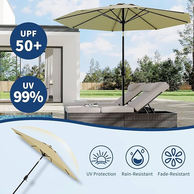 Garvee 9 ft Patio Umbrella - 8 Sturdy Ribs Outdoor Table Umbrella with Crank Lift & Push Button Tilt - Market Umbrella for Pool, Deck, Yard, Garden- Beige