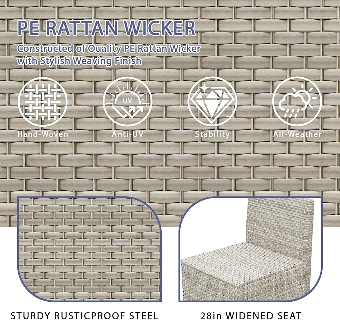 7 Piece Patio Furniture Set with 50,000 BTU Rattan Fire Pit Table that Converts to Coffee Table, 9.8" Wide Arm Sectional Sofa with Storage Armrests, Outdoor Rattan Conversation Set, Grey