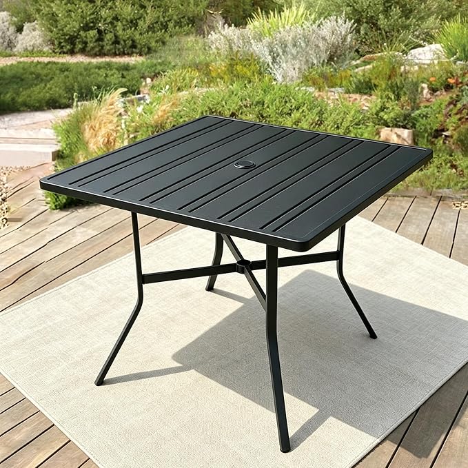 34" Square Patio Table with Umbrella Hole, Metal Outdoor Dining Table for Garden, Backyard and Deck, 4 Person Square Patio Dining Table for Outside, Black