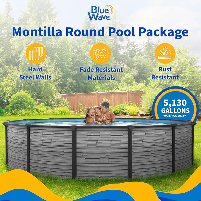 Blue Wave Montilla 15-ft Round 52-in Deep Above Ground Swimming Pool – with Steel Wall & Top Rails, Sand Filter, Overlap Liner, A-Frame Ladder & Maintenance Kit – Complete Outdoor Pool Accessories