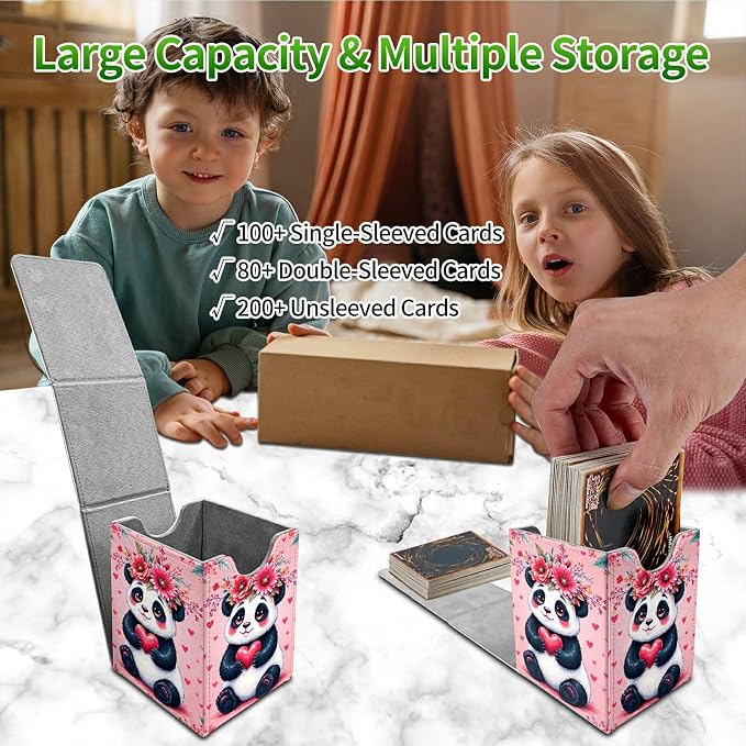Pink Panda Card Deck Box for MTG, Personalized Card Storage Case Fits 120+ Sleeved Cards, Premium Leather TCG Box with Strong Magnetic Closure for Magic, CCG, PTCG, Baseball Cards