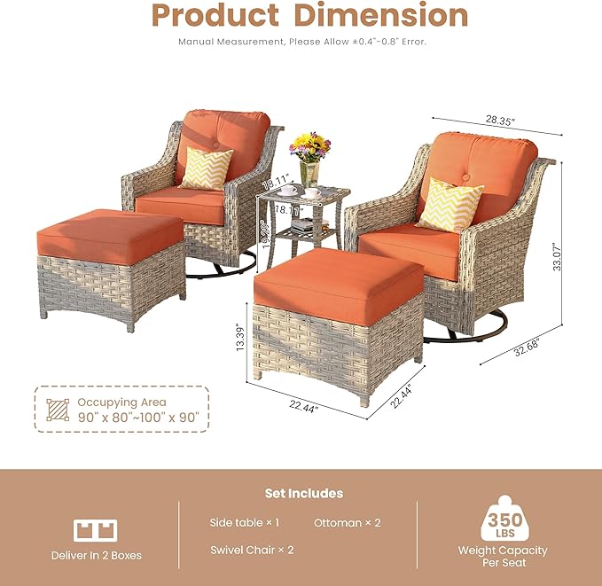 HOOOWOOO Patio Furniture Set,5 Pieces Wicker Outdoor Furniture,High Back Conversation Set with All Weather Resistant Swivel Chairs with Ottoman Side Table,Red