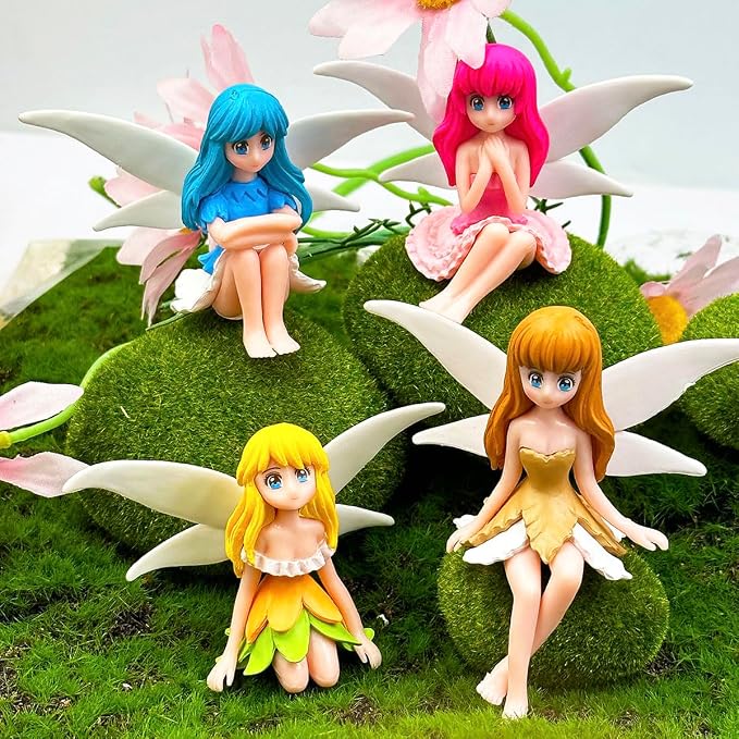 Suartus Miniature Fairy Figurines - 4Pcs Flower Small Fairies Ornaments Resin Mini Fairy Figurines Tiny Elf for DIY Fairy Garden Flower Pot Bonsai Micro Landscapes Craft Decoration Accessories