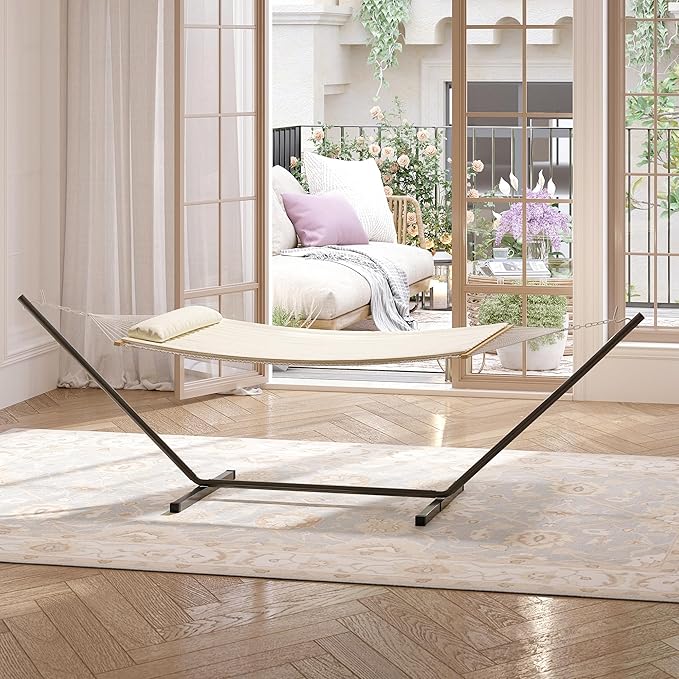 Double Outdoor Hammock with Stand,2 Person Portable Hammock, Heavy Duty Hammock with Soft Pillow,Curved Spreader Bar,Balance Ropes for Outdoor Patio Backyard Poolside,Beige