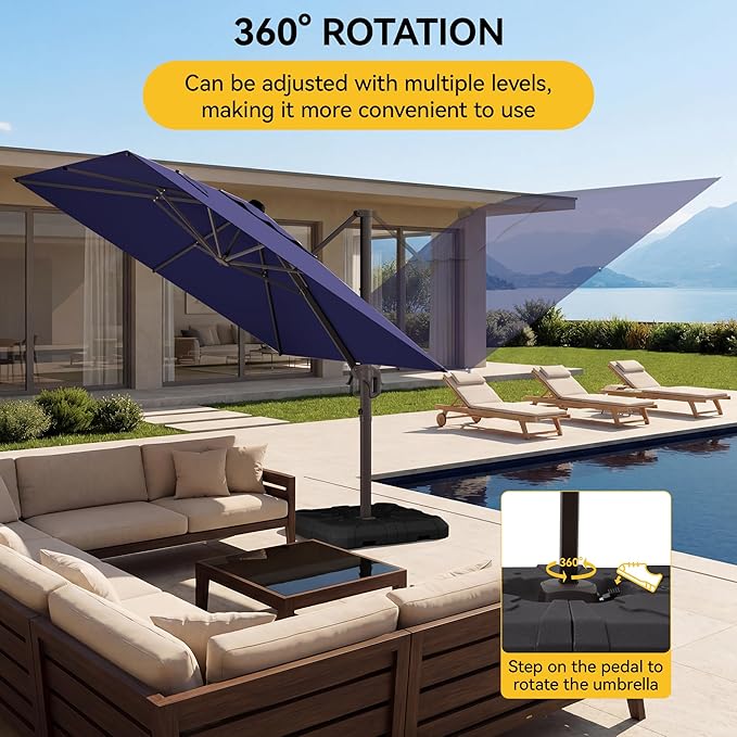 10x10FT Cantilever Outdoor Umbrella, 360° Rotating Large Offset Square Patio Umbrella, Ideal for Garden Backyard Deck Courtyard, Navy Blue