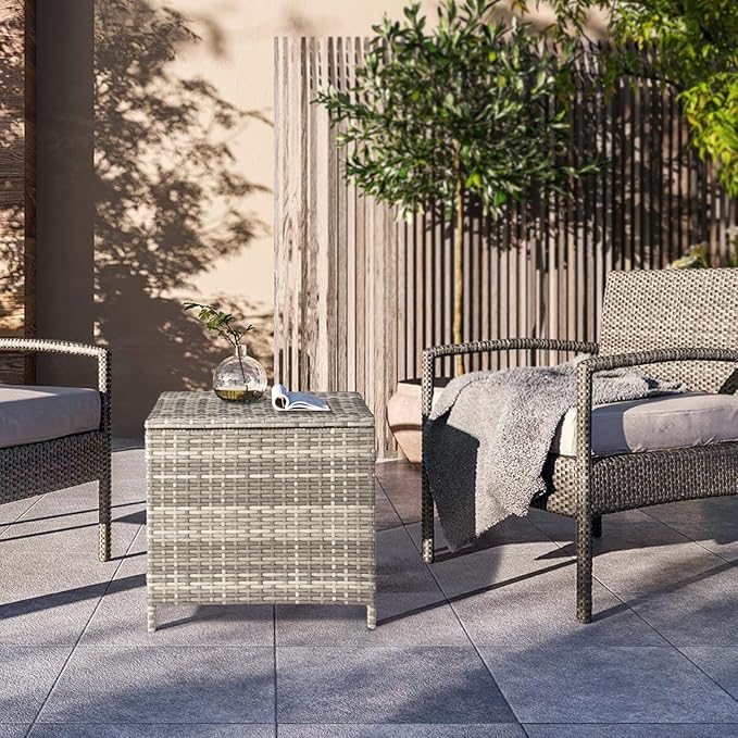 20.8in Outdoor PE Wicker Side Table,Square Patio Rattan End Table,Outside Storage Bin Container,All-Weather Small Storage Box Tables,with Lid,for Garden Porch Poolside Deck Backyard (Grey)