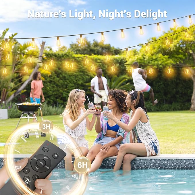 100FT Solar String Lights Outdoor Waterproof, 35+1 LED Solar Powered Lights with Remote Control, 3 Light Modes & Dimmable, USB-C Charging for Patio, Backyard, Garden, Camping