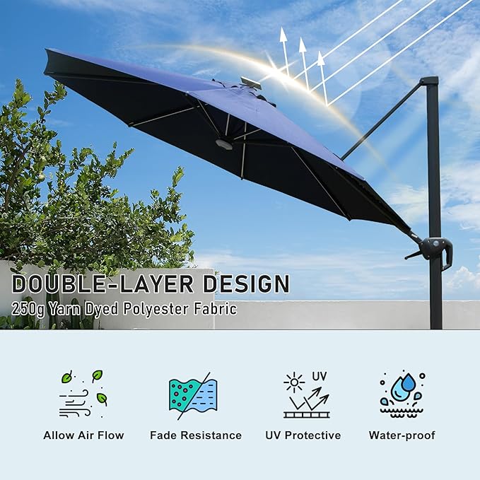 Domi 10FT Cantilever Patio Umbrella Solar Powered LED Round Deluxe Offset Umbrella, Aluminum Hanging Umbrella with 360°Rotation, Outdoor Market Umbrella for Deck Backyard Garden Pool, Navy Blue