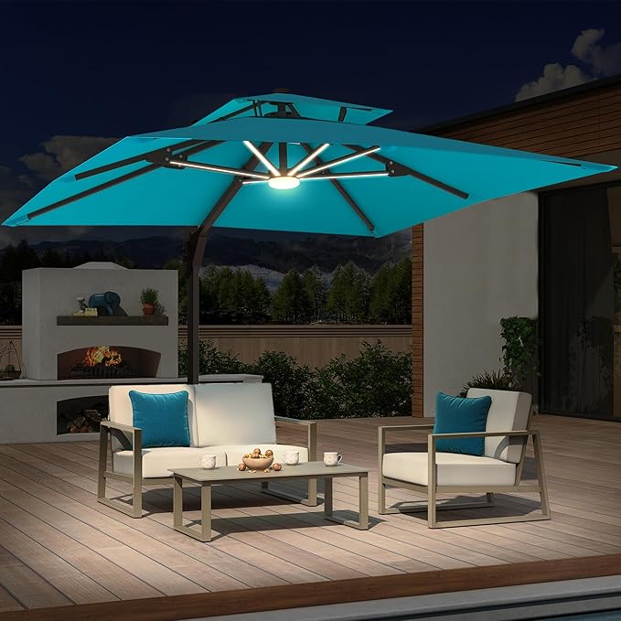 10x10 FT Cantilever Patio Umbrella with Led Lights Double Top Outdoor Square Large Heavy Duty Aluminum Offset Umbrellas with 7 Level Tilt 360-degree Rotation for Pool Garden Deck, Turquoise