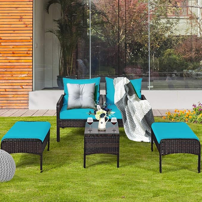 Tangkula 5 Pieces Wicker Patio Furniture Set, PE Rattan Outdoor All Weather Cushioned Sofas and Ottoman Set, 2-Person Outside Conversation Set for Lawn, Poolside, Yard, Balcony, Deck (Turquoise)