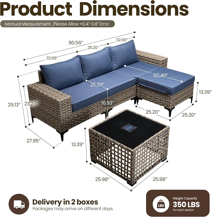 5-Piece Wicker Outdoor Sectional Furniture, Wide Armrest L-Shaped Patio Couch Set with Ottoman Thick Cushion, Modular Conversation Sets with Solar Table for Backyard Porch Balcony, Denim Blue