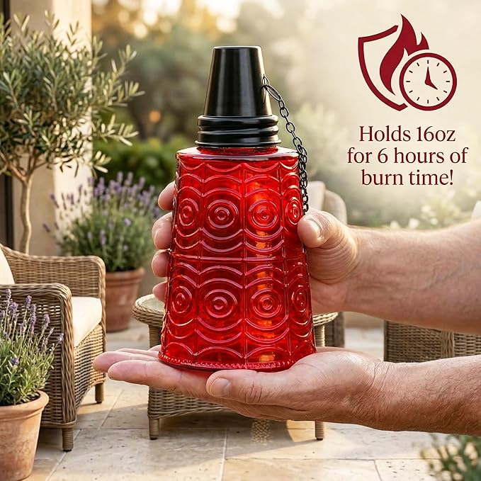 Seraphic Citronella Table Top Torches for Outdoor Patio, 16oz Decorative Glass Torch Citronella Candles for Outside Deck, Garden, Parties, Set of 3, Red