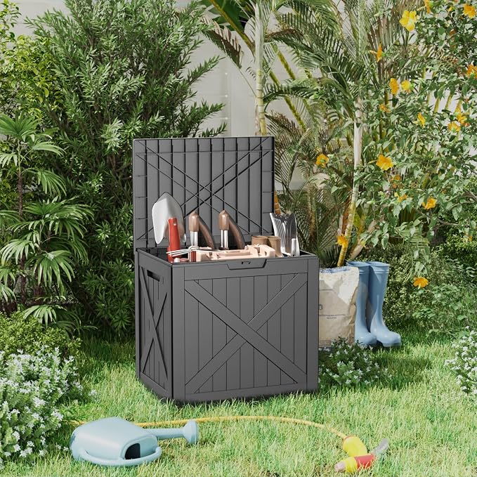Resin Deck Box, Lockable Patio Outdoor Storage Box for Furniture, Garden Tools and Tools Storage, Waterproof Outside Storage Boxes (Black, 35 Gallon)