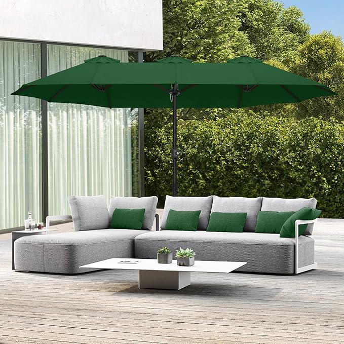 ABCCANOPY 15FT Patio Umbrella with Base, Outdoor Double-Sided Rectangle Umbrella Bonus Latch, Wights for Poolside, Lawn, Backyard (Green)