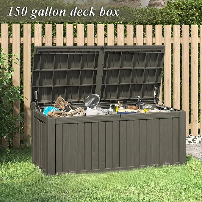 100 Gallon Deck Box, Large Resin Storage Bin, Waterproof and UV Resistant Lockable for Patio Furniture, Outdoor Cushions, Garden Tools