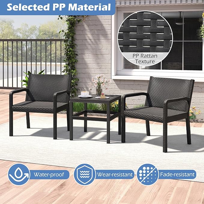 Tangkula 3 Piece Patio Furniture Set, Outdoor Wikcer Conversation Set with 2 Rattan Armchair & 25" Square Side Table, for Patio, Garden, Poolside, Bistro (Black)
