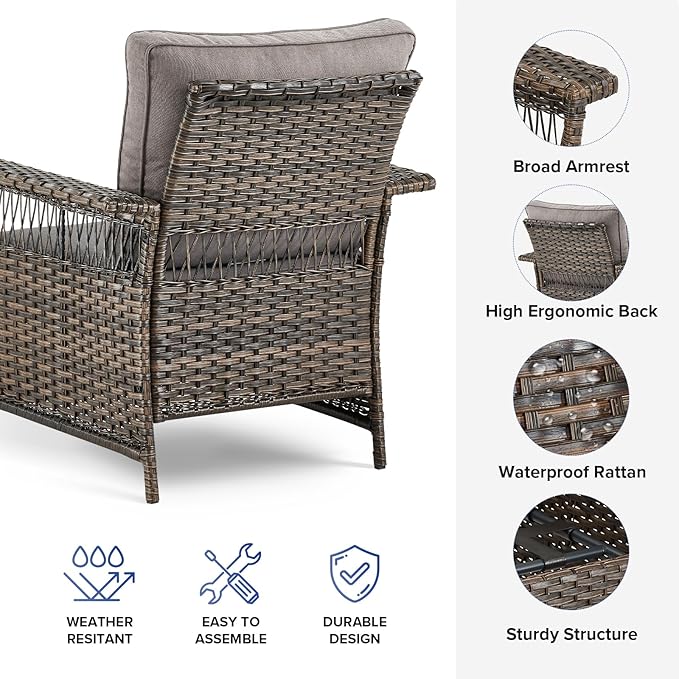Outdoor Wicker Patio Furniture Set - 5 Piece Rattan Patio Conversation Sets with 2 Armrest Chairs,2 Ottomans and 1 Side Table for Porch Deck Garden(Brown/Grey)