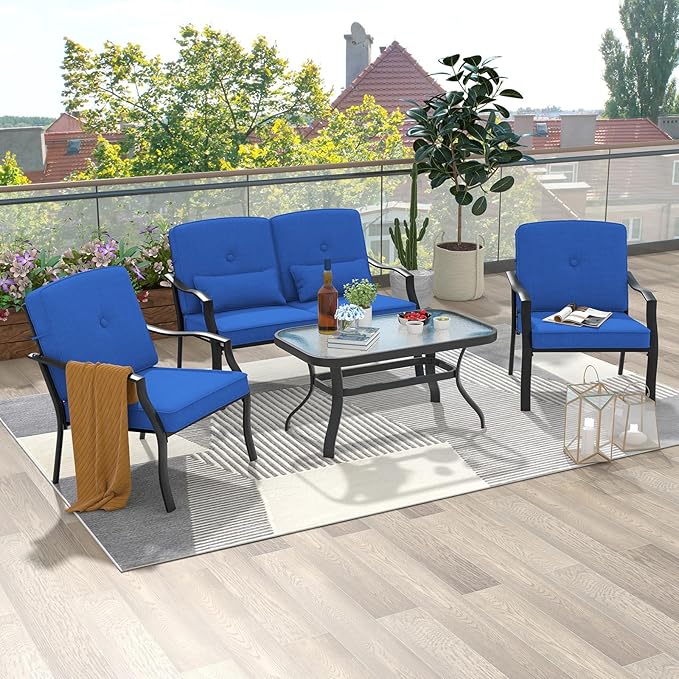 Tangkula 2 Piece Patio Furniture Set, Outdoor Loveseat Chair Set with Seat Back Cushions & Waist Pillows, Tempered Glass Coffee Table, Heavy-Duty Metal Sofa Set for Yard Garden Balcony Poolside