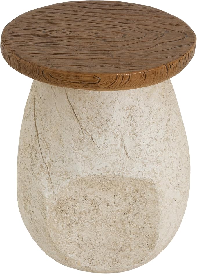 Merax Small Outdoor Patio Side Table, Modern MGO Round Accent End Table with Pear-Shaped Base & Faux Wood Grain Top, Beige Sculptural Finish, 19.3" Height Side Table for Poolish Garden Balcony
