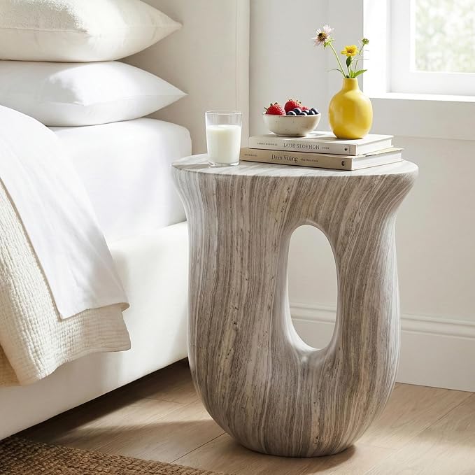 Merax 18.9" H Modern U-Shaped Accent Table, Sculptural Side Table for Garden, Balcony, Living Room, Entryway, Bedroom, Contemporary Organic Stone Side Table with Unique Veining, Gray Marble