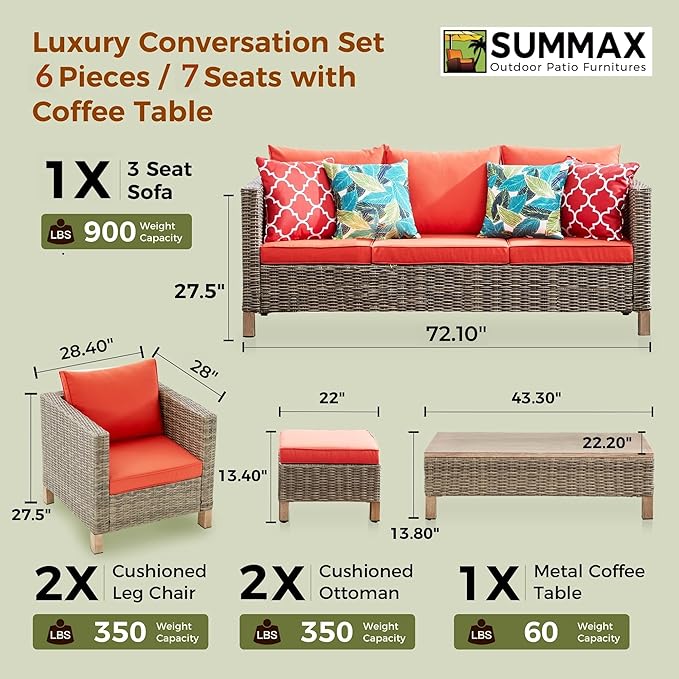 Sectional Sofa with Metal Top Coffee Table, 6 Pieces Conversation Set Reinforced Wicker Rattan Outdoor Furniture for Garden, Patio, Poolside, Porch PE Rattan Sofa (Red)