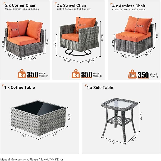 ovios Outdoor 10 Piece Coversation Set with Swivel Rocking Chair,Sectional Patio Furniture Set with All-Weather Wicker Sofa,Modern Outside Couch for Balcony Backyard Pool, Orange