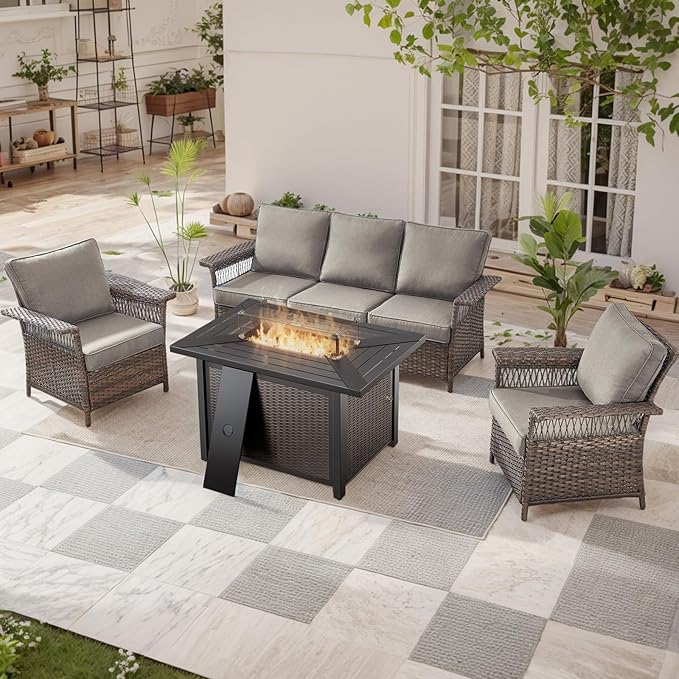 Patio Furniture Set with Fire Pit Table, 4PCS Patio Conversation Set Brown Resin Wicker Patio Chair and Sofa with 43in Rectangular Iron Firepit Table PE Rattan Patio Furniture Set