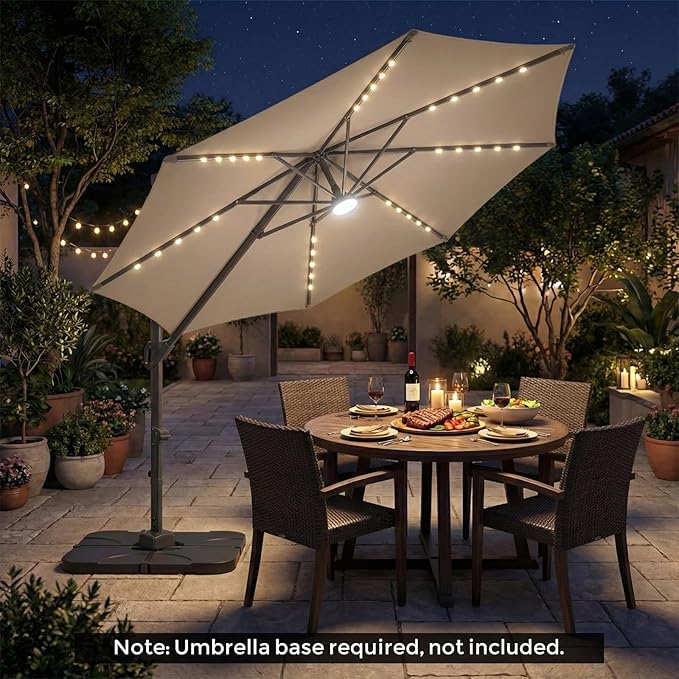 Tangkula 10ft Patio Umbrella with Solar Lights, Offset Cantilever Square Outdoor Umbrella with 35 LED Lights, Aluminum Pole, 360 Degree Rotation, Tilt Adjustment, Air Vent for Pool Deck Yard (Tan)