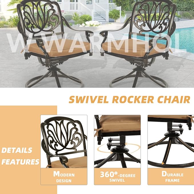 9-Piece Patio Dining Set, Outdoor Patio Table and Chair Set of 84” Oval Cast Aluminum Dining Table with Umbrella Hole, 6 Stationary, 2 Swivel Rocker Chairs, Patio Funiture Set for Backyard