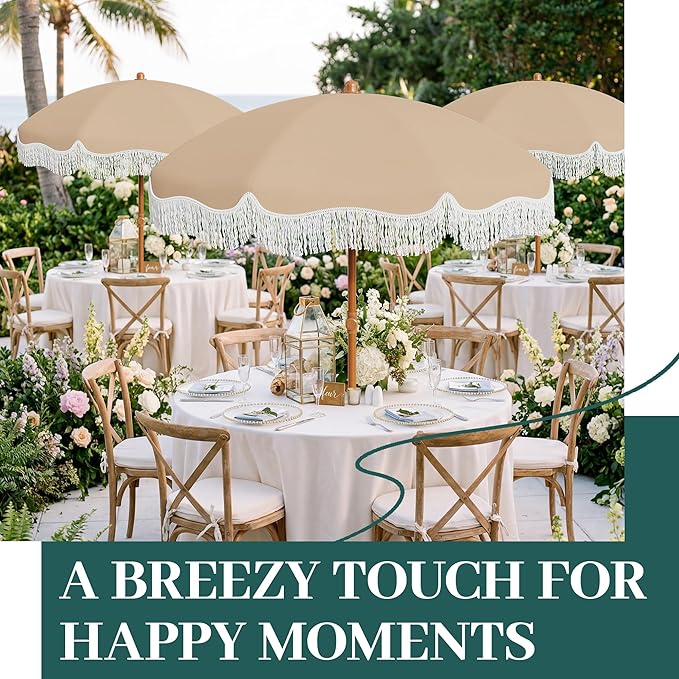 AreShark 7ft Patio Umbrella with Fringe, UPF50+ Beach Umbrella for Table, Pool & Garden, Portable Outdoor Tassels Umbrella w/Fiberglass Ribs&Push Bottom Tilt(Beige)