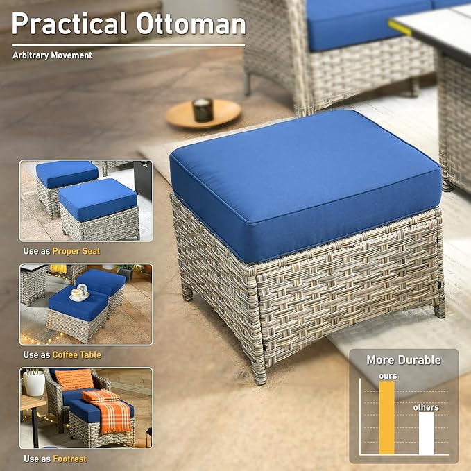 HOOOWOOO Patio Furniture Set,5 Pieces Wicker Outdoor Furniture,High Back Conversation Set with All Weather Resistant Swivel Chairs with Ottoman Side Table,Navy Blue