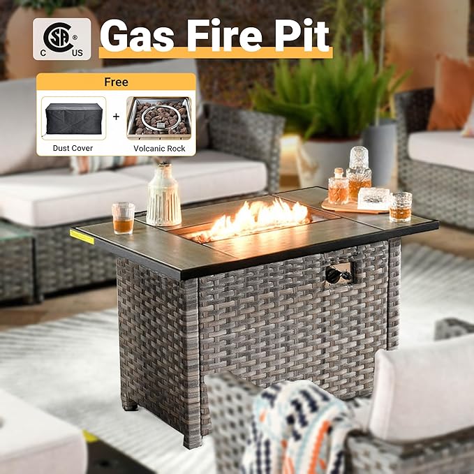 16 Pieces Patio Furniture Conversation Set with 42" Fire Pit Table Rocking Chair Outdoor Sectional Gray Wicker Sofa Set