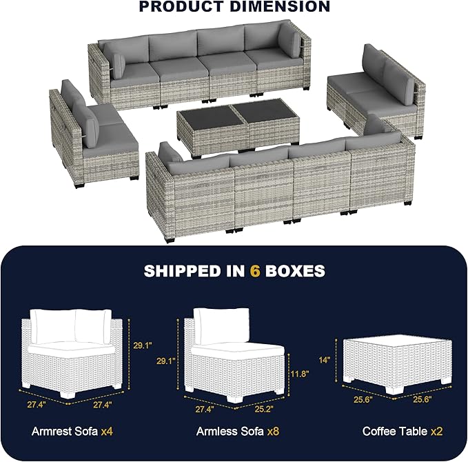 14-Piece Outdoor Patio Furniture Set, PE Wicker Rattan Sectional Sofa Conversation Set with Tempered Glass Table & Thick Cushions - All-Weather Garden, Backyard Furniture, Grey